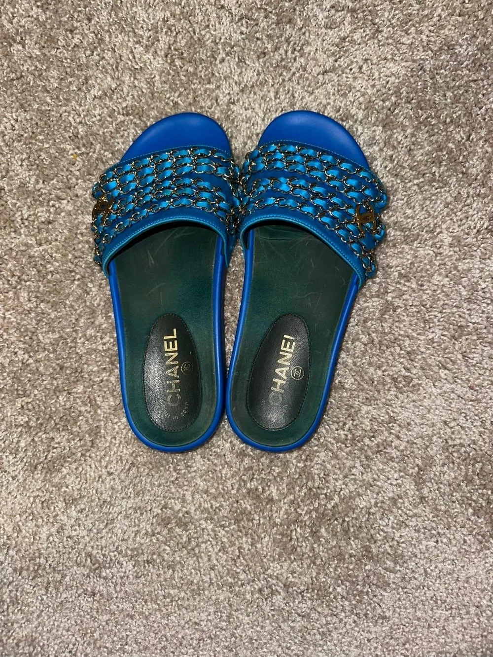Chanel Blue Chain-Trim Slide Sandals